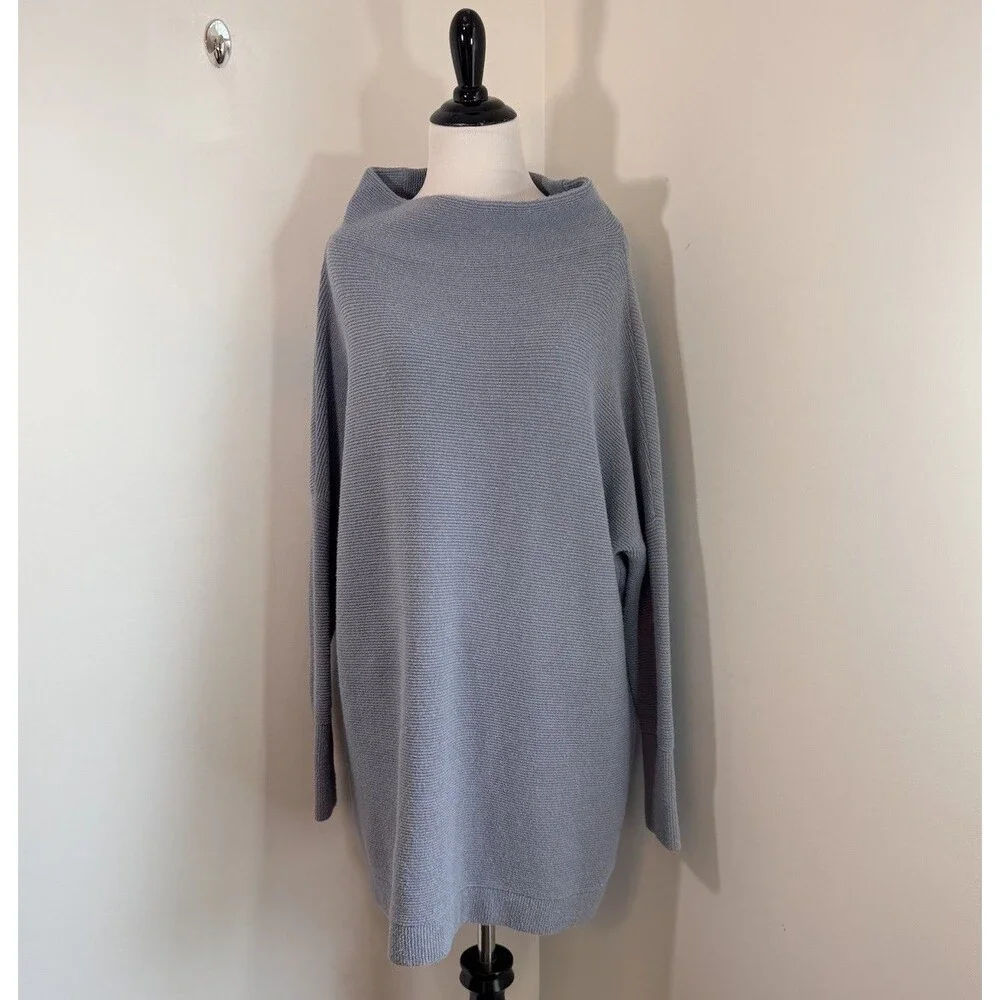 Free People Ottoman Slouchy Ribbed Mock Neck Sweater Tunic Chambray Blue M